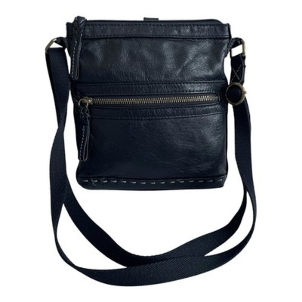 The Sak Black Leather Braided Embroidered Crossbody Shoulder Bag 8"x9"